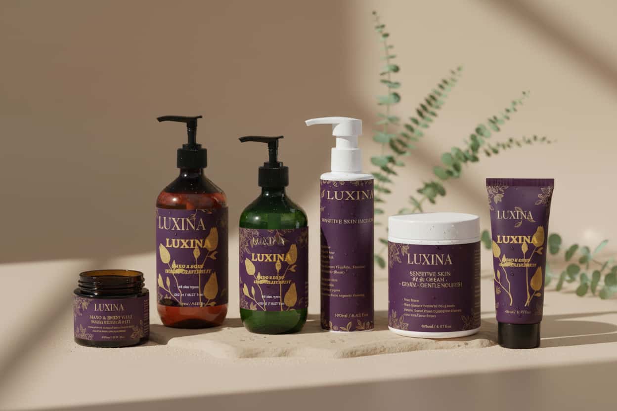 Collection of LUXINA body care products featuring natural ingredients for beautiful skin.