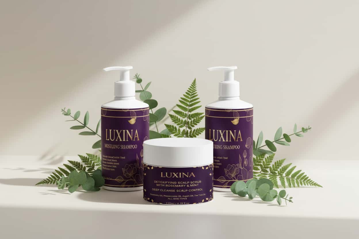 LUXINA hair care products collection with shampoo and scalp cream showcasing natural ingredients.
