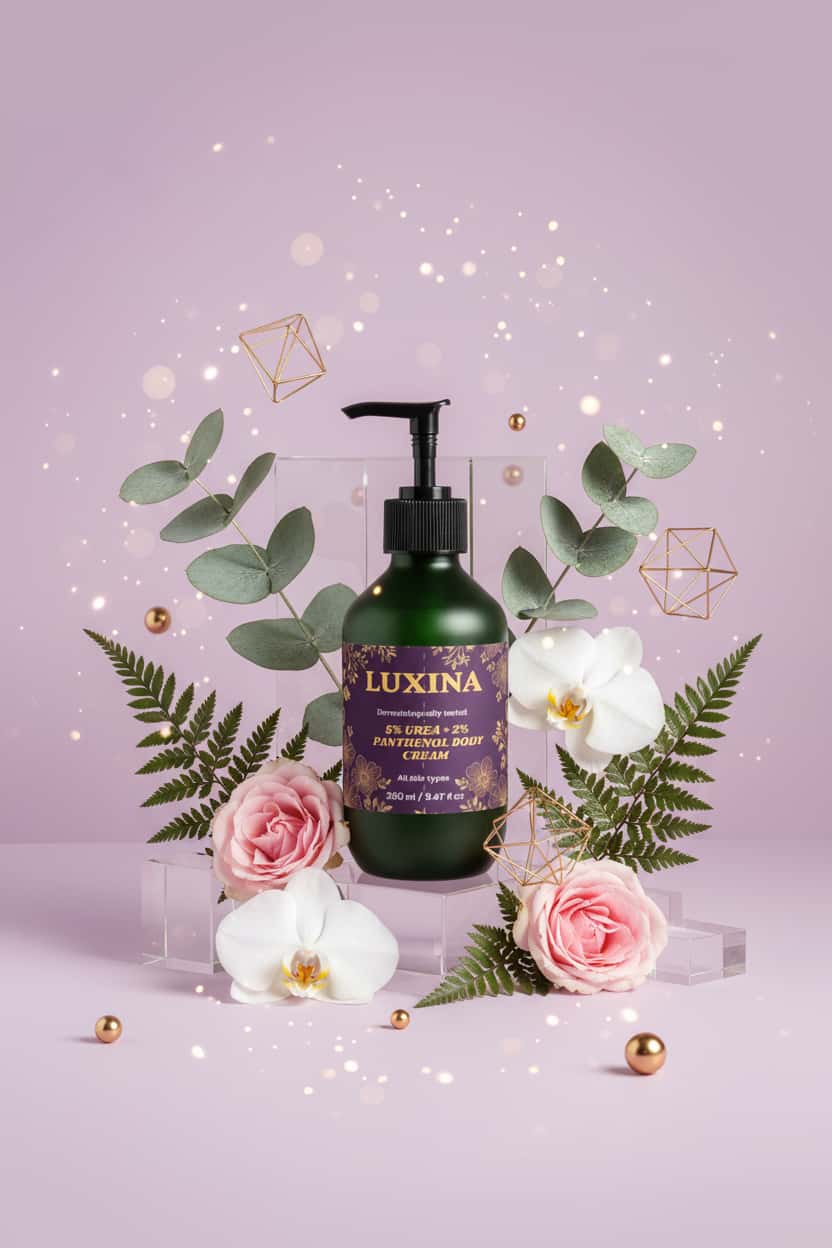 LUXINA urea body cream with 5% Urea and 2% Panthenol in premium green glass pump bottle